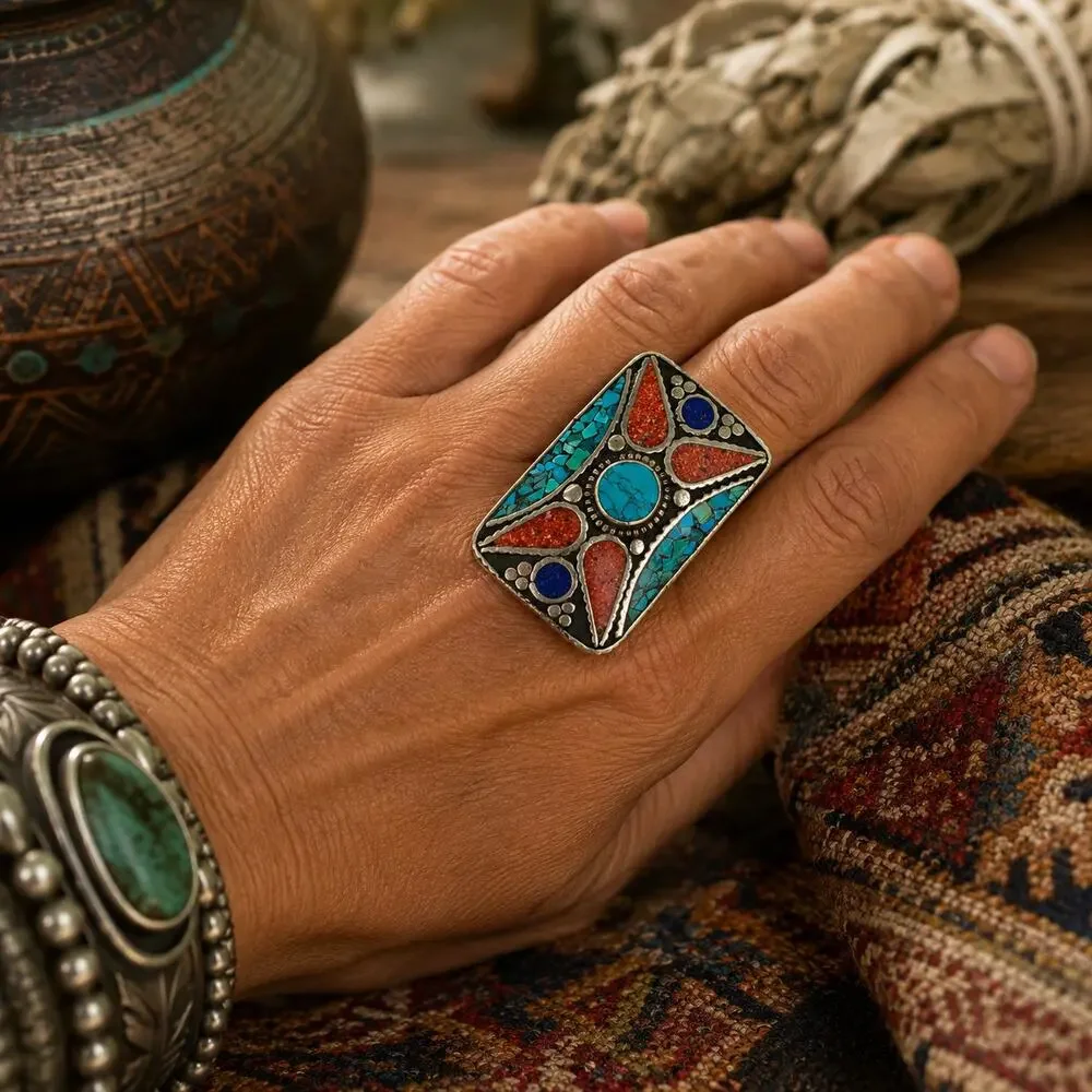 Vintage Tibetan Style Turquoise Coral Mosaic Statement Ring Size 8